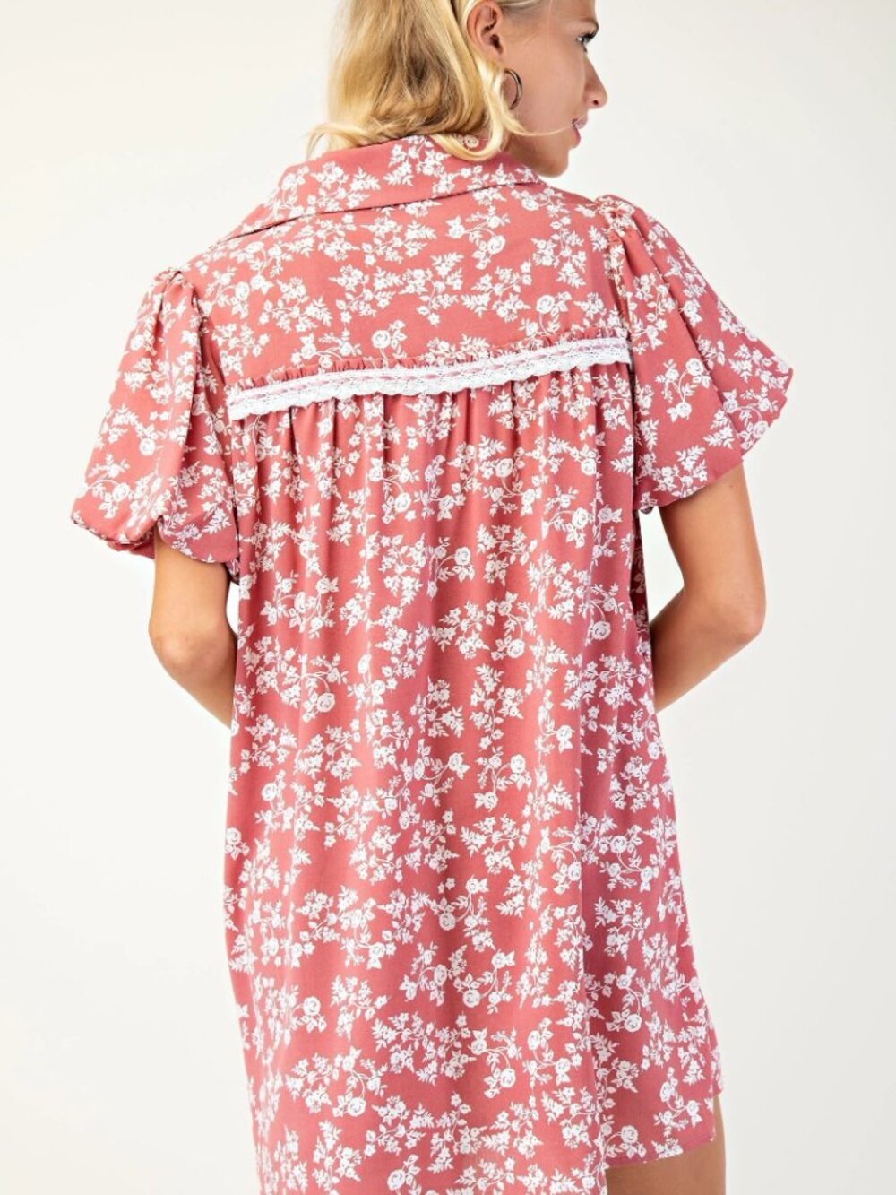 Floral Puff Sleeve Mini Dress with Lace and ribbon detail - Picture 5 of 5